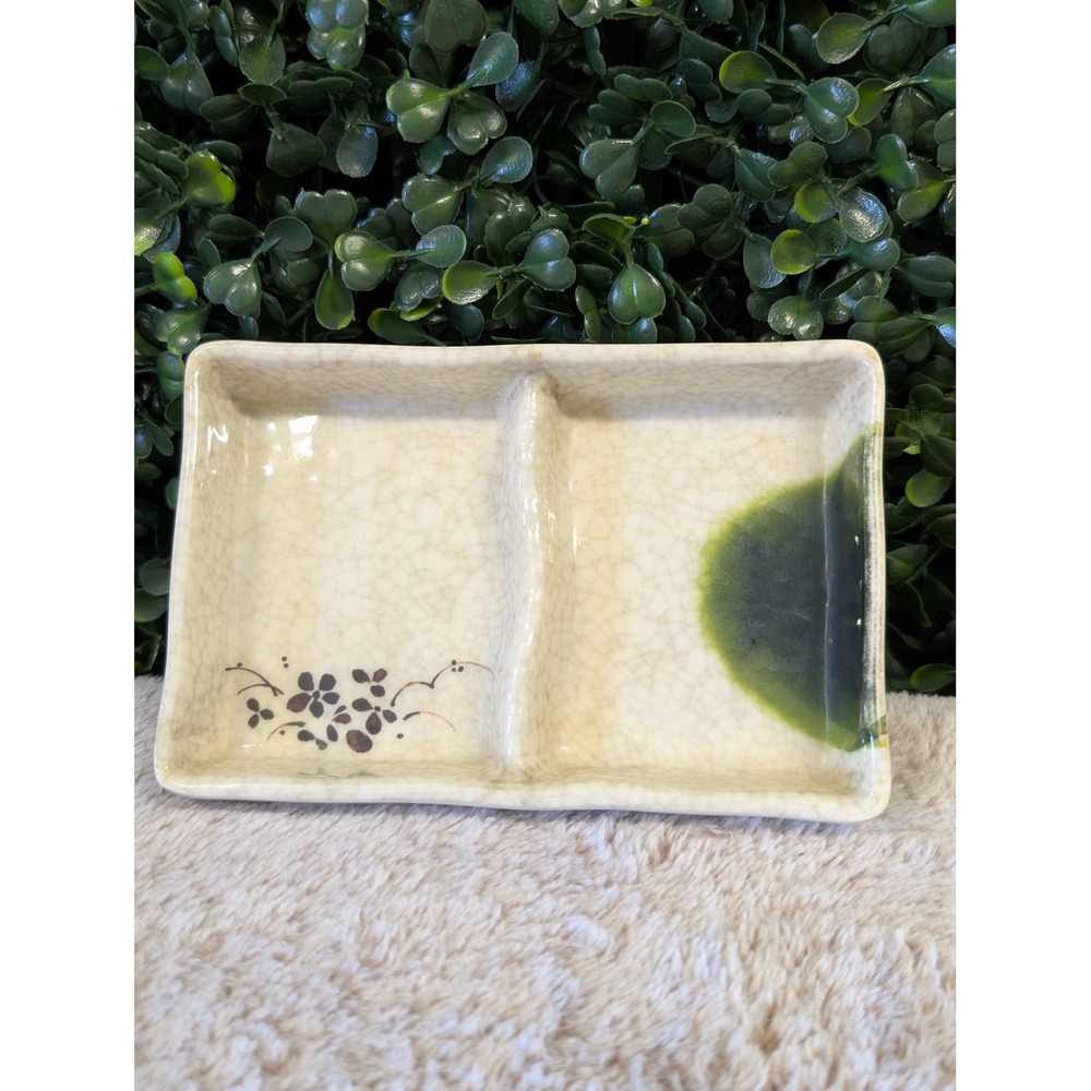 Yanco Melamine 2 Compartment Sauce Dish HO-4031 Cream Green Floral Crackle